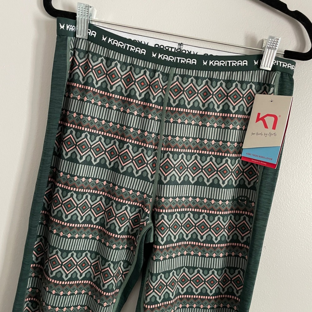 Kari Traa Lune Baselayer Womens L Green Fair Isle Geometric Thermal Leggings